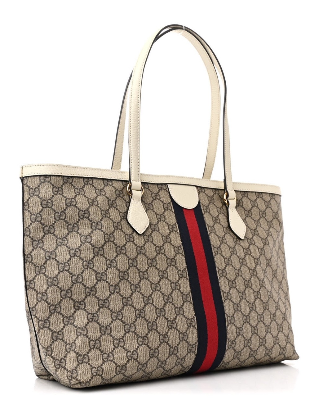 Gucci Ophidia GG Supreme Medium Web Tote Beige Canvas Ivory Leather Authentic - Picture 2 of 13